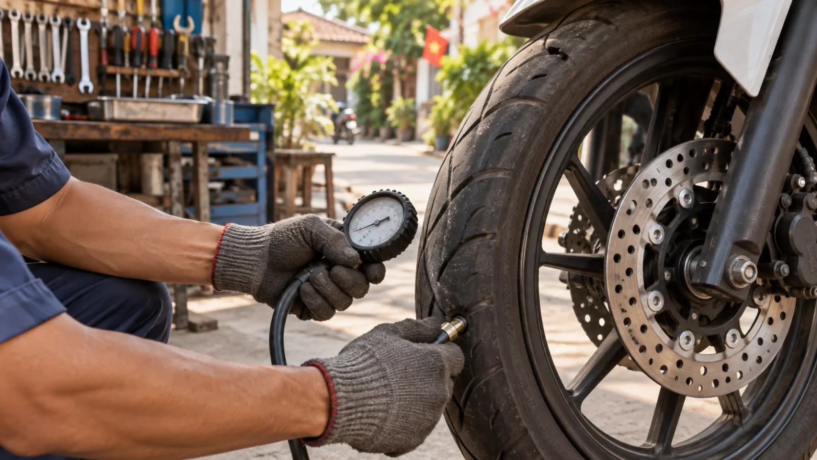 Kỹ thuật viên kiểm tra áp suất lốp và đĩa phanh xe máy