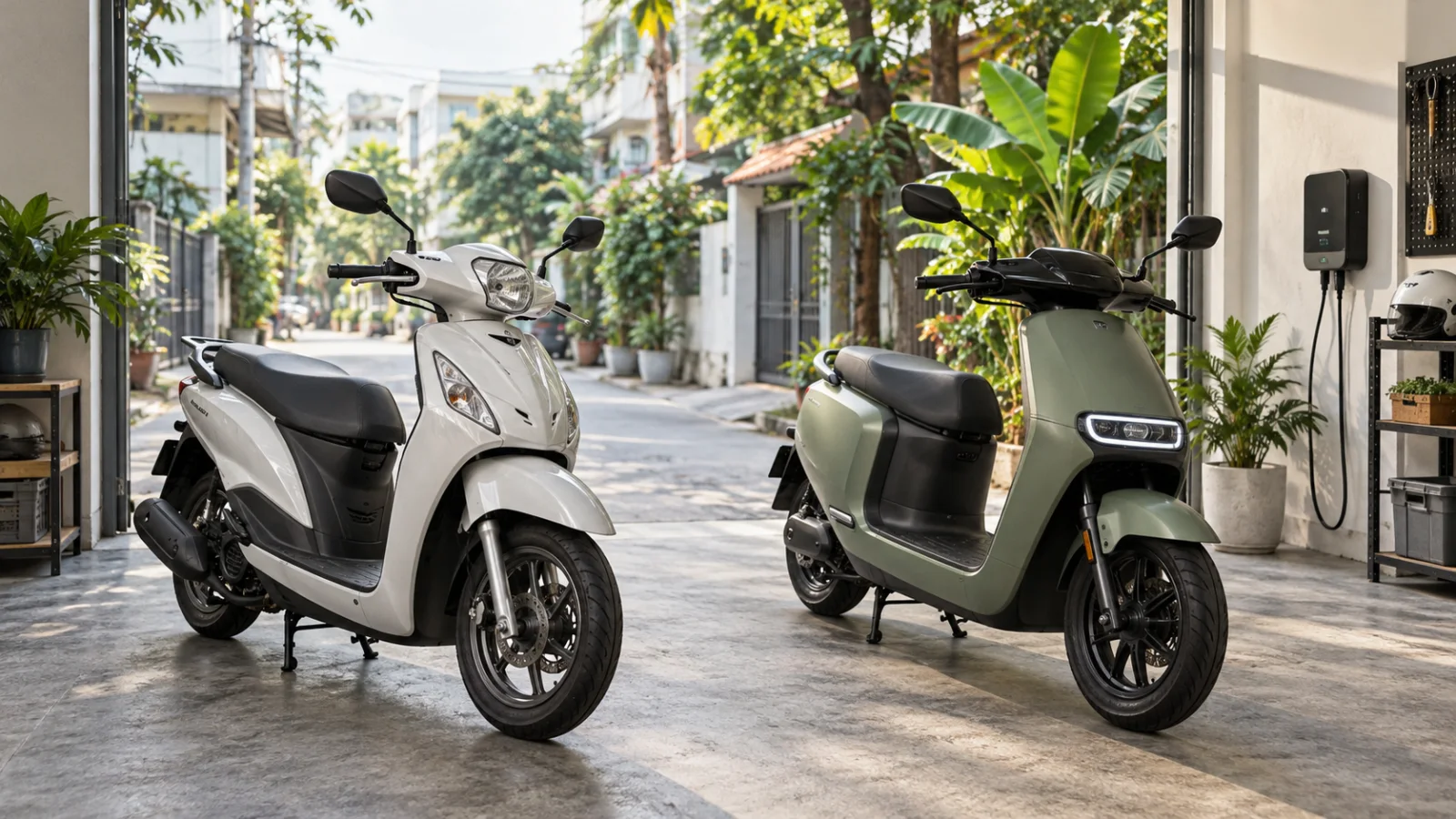 Hai mẫu xe đi làm phổ thông chạy xăng và điện trong garage